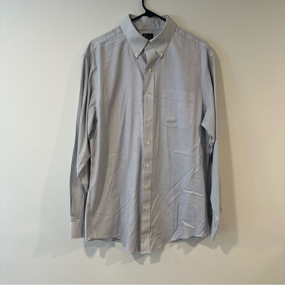 Jos A Bank Traveler Collection Dress Shirt 16.5 36 Tailored Fit Blue Windowpane